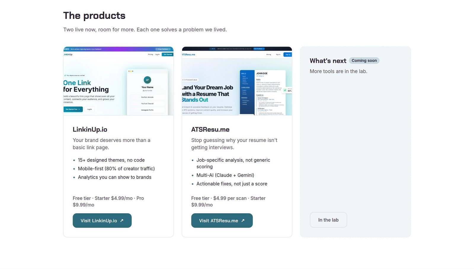 The products section: LinkinUp.io and ATSResu.me with real screenshots, prices and a "What's next" slot